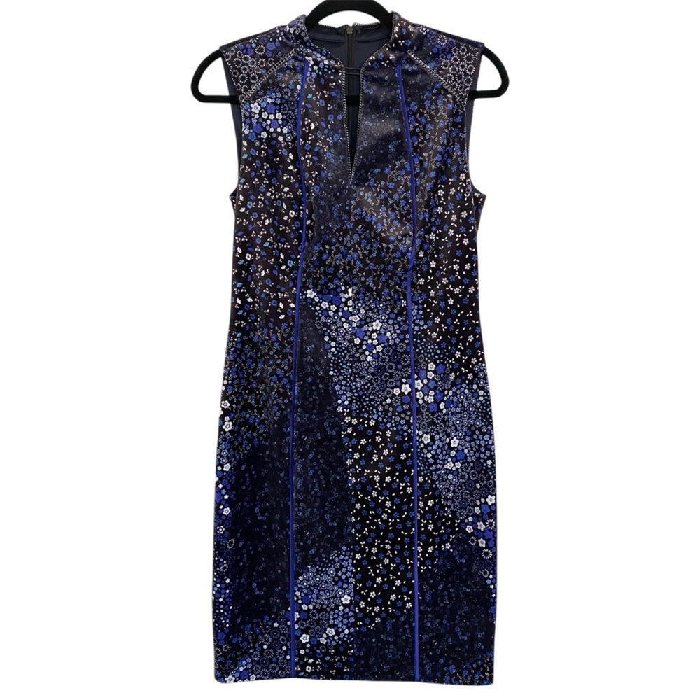 Elie Tahari Arabella Sheath Dress 4 Blue Black Floral Velvet Trim